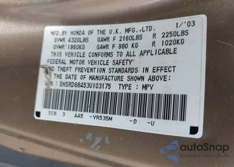 2003 Honda Cr-V Lx из США, поврежденный, VIN SHSRD68453U103175